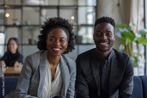 Portrait of african american couple colleagues in business suits, enjoying in cozy restaurant.