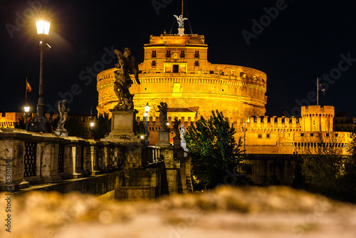 Castel Sant Angelo by night. Mausoleum of Hadrian in Rome Italy, built in ancient Rome, it is now the famous tourist attraction of Italy.