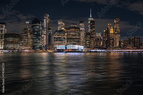 New York skyline with east river at night