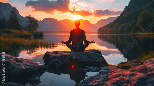 Silhouette of a person meditating on a rock by a calm lake with mountains during a sunset