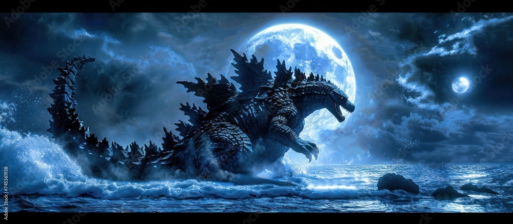 Godzilla rising from the ocean under water and lightning - obrazy, fototapety, plakaty 