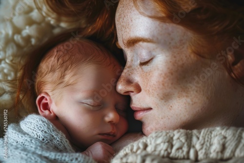 The image conveys the bond between a mother and her baby, capturing a moment of tranquility and maternal love