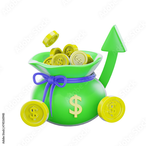 3d money bag and coin icon isolated on transparent background-3D illustration