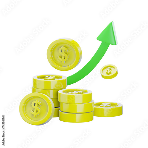 3d grow chart and gold coin icon isolated on transparent background-3D illustration