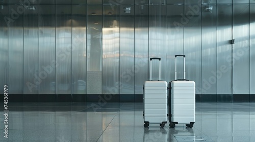 Two silver suitcases stand in a modern airport terminal. The suitcases are made of metal and have four wheels each. photo