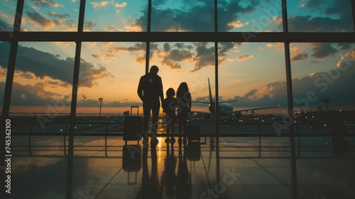 Family of three standing in airport terminal, looking out at the runway. They are backlit by the setting sun.