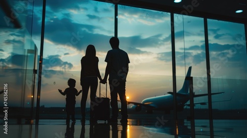 Family of three holding hands and looking at the airplane through the airport window.