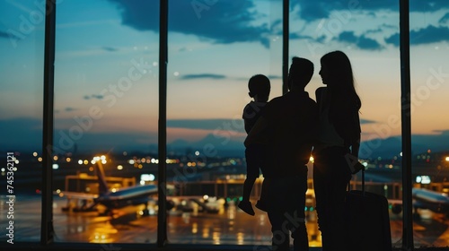 Family looking out at the airport runway at sunset.