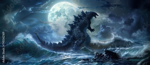 Godzilla rising from the ocean under water and lightning photo