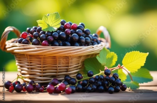 wicker basket with blackcurrants on a wooden table, ripe blackcurrant berries, blackcurrant bushes, orchard, green background, sunny day