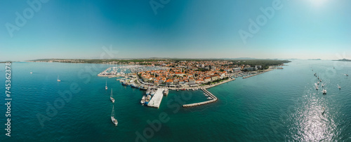 Biograd na Moru, aerial panoramic view of marina and beautiful Old Town architecture. Panorama with port and boats, summer cityscape and blue waters of Adriatic Sea, Dalmatia region of Croatia