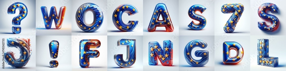 Glass letters shape in colors EU flag 3D Lettering Typeface. AI generated illustration Glass letters shape in colors EU flag 3D Lettering Typeface. AI generated illustration