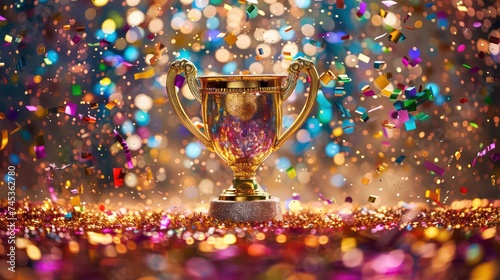Golden Trophy Cup. Winner Cup Award on Stage with falling Confetti. Champion and Winning Concept Illustration.