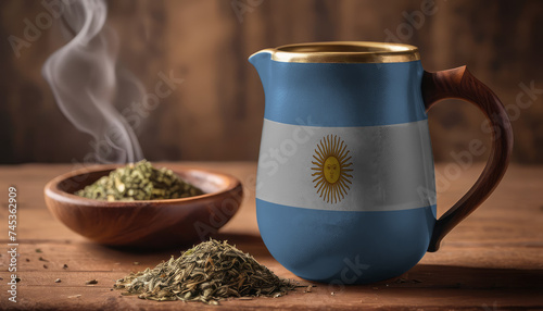 A teapot with the Argentina flag printed on it is on the table, next to it is a mug of tea and green tea is scattered. Concept of tea business, friendship, partnership