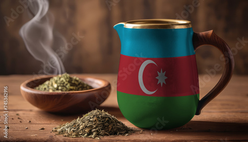 A teapot with the Azerbaijan flag printed on it is on the table, next to it is a mug of tea and green tea is scattered. Concept of tea business, friendship, partnership