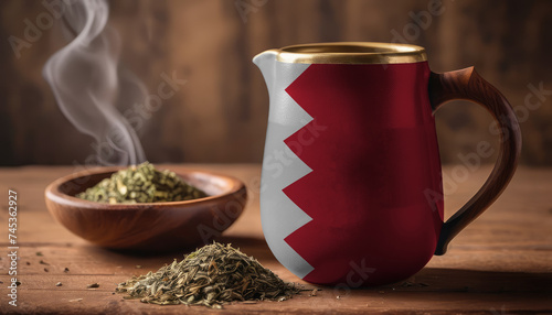 A teapot with the Bahrain flag printed on it is on the table, next to it is a mug of tea and green tea is scattered. Concept of tea business, friendship, partnership