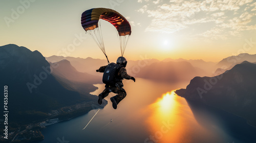 Skydiver flying over snow mountains during sunset 