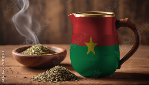 A teapot with the Burkina Faso flag printed on it is on the table, next to it is a mug of tea and green tea is scattered. Concept of tea business, friendship, partnership