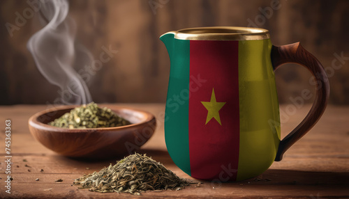 A teapot with the Cameroon flag printed on it is on the table, next to it is a mug of tea and green tea is scattered. Concept of tea business, friendship, partnership