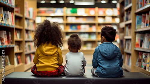 Rear view of afro children sitting in a bookstore, looking filled with books. Back to school concept.