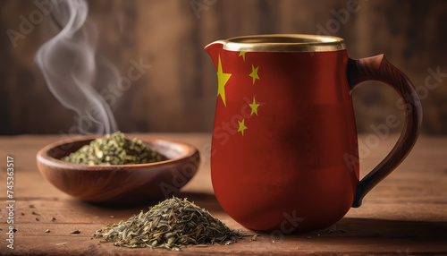 A teapot with the China flag printed on it is on the table, next to it is a mug of tea and green tea is scattered. Concept of tea business, friendship, partnership
