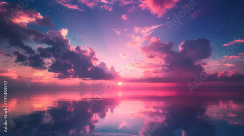 Pink sunset over the lake, Twilight Serenade: A Symphony of Sunset Colors Over Calm Waters