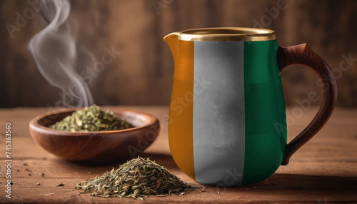 A teapot with the Cote d'Ivoire flag printed on it is on the table, next to it is a mug of tea and green tea is scattered. Concept of tea business, friendship, partnership