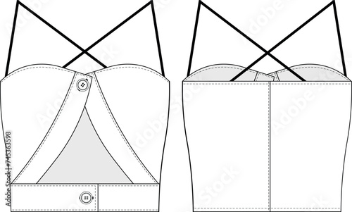 sleeveless belted sweetheart neck spaghetti straps strappy buttoned low cut crop cropped blouse top bra shirt template technical drawing flat sketch cad mockup fashion woman design style model