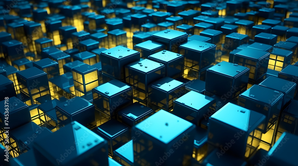 Fototapeta premium animated blue and yellow cubes in dark blue light in background seamless loop in full hd