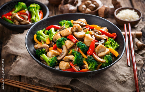 Colorful vegetable diet dish with chicken meat.
