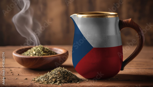 A teapot with the Czech flag printed on it is on the table, next to it is a mug of tea and green tea is scattered. Concept of tea business, friendship, partnership