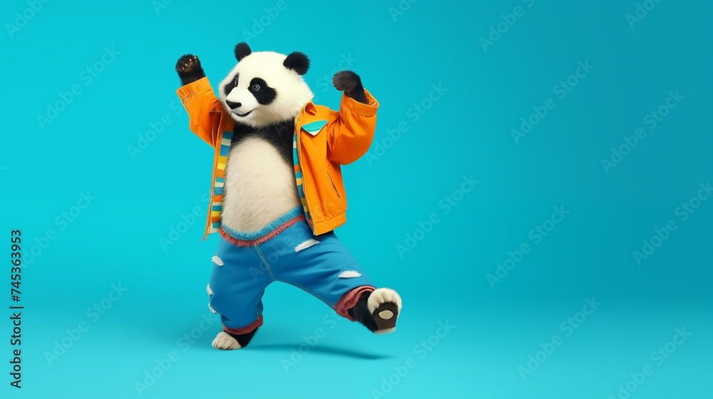 Panda wearing colorful clothes dancing on the blue background