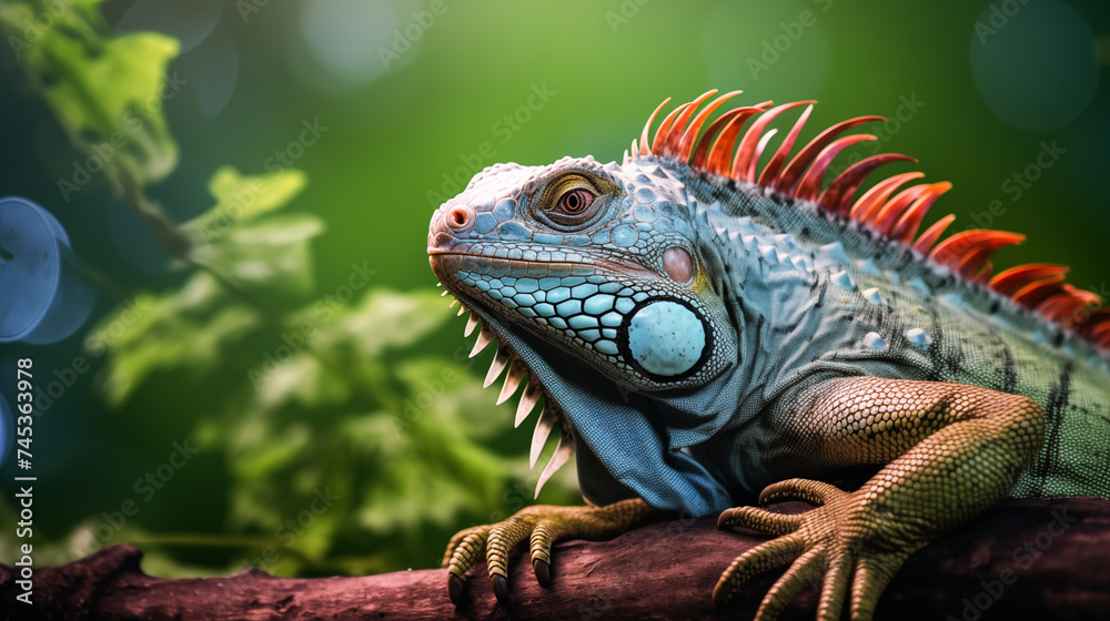 Portrait of a colorful iguana sitting on a branch