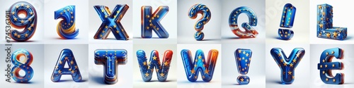 Glass letters shape in colors EU flag 3D Lettering Typeface. AI generated illustration photo