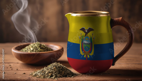 A teapot with the Ecuador flag printed on it is on the table, next to it is a mug of tea and green tea is scattered. Concept of tea business, friendship, partnership