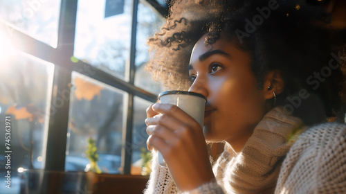 Uma jovem mulher desfrutando de um momento tranquilo com um café quente em um café aconchegante com vista para a cidade photo