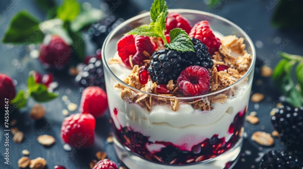Healthy breakfast. Yogurt with granola and fresh berries. Diet, low calorie, weight loss food. Active, fit, healthy lifestyle. Healthy breakfast. Yogurt with granola and fresh berries. Diet, low calorie, weight loss food. Active, fit, healthy lifestyle.