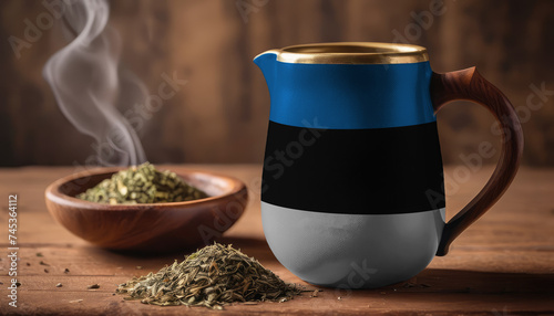A teapot with the Estonia flag printed on it is on the table, next to it is a mug of tea and green tea is scattered. Concept of tea business, friendship, partnership