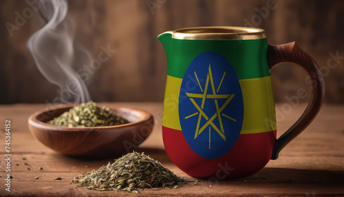 A teapot with the Ethiopia flag printed on it is on the table, next to it is a mug of tea and green tea is scattered. Concept of tea business, friendship, partnership