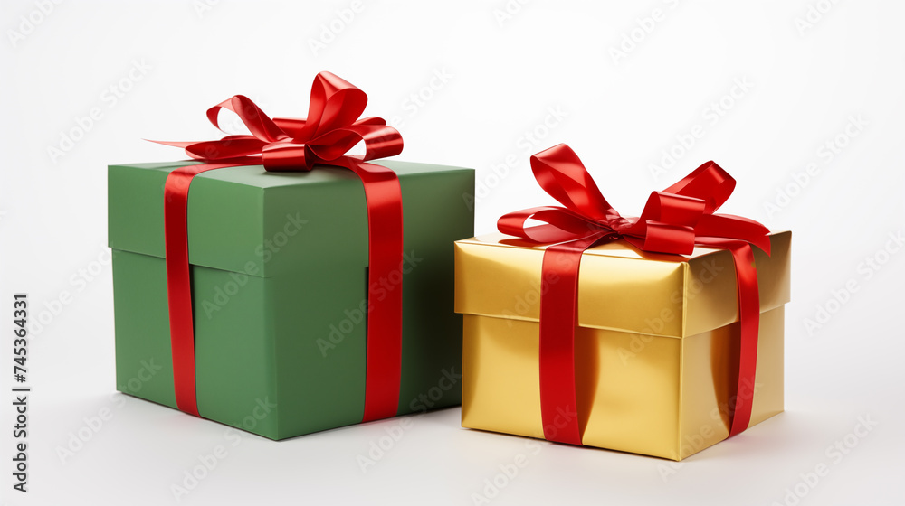 Gift wrapped presents with red ribbon bow isolated against a white background Gift wrapped presents with red ribbon bow isolated against a white background