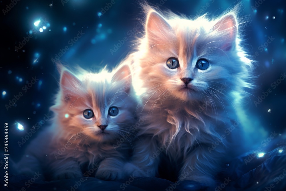 Two adorable fluffy kittens with a magical starry night background, evoking a dreamy and whimsical atmosphere.