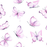 Seamless pattern with pink bright watercolor butterflies on white backdrop. Hand drawn insects design ideal for fabric textile or scrapbooking, paper