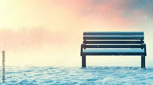 a bench sitting in the middle of a snow covered field next to a field of tall grass and tall trees.