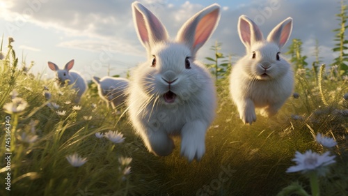 Joyful animated rabbits hopping through a sunny meadow with wildflowers. © Tida