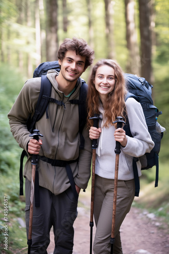 Vertical full shot of young man and woman wearing backpacks holding trekking poles standing on forest path smiling at camera