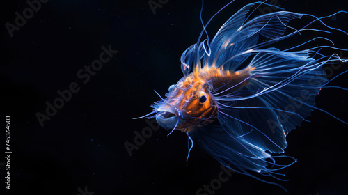 a close up of a jellyfish on a black background with a blurry image of it s head.