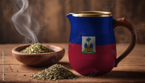 A teapot with the Haiti flag printed on it is on the table, next to it is a mug of tea and green tea is scattered. Concept of tea business, friendship, partnership