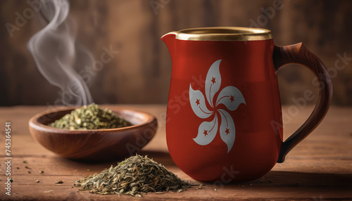 A teapot with the Hong kong flag printed on it is on the table, next to it is a mug of tea and green tea is scattered. Concept of tea business, friendship, partnership