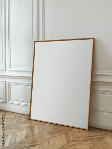 Close-Up Shot of Wooden Frame Resting on Parquet Against White Wall