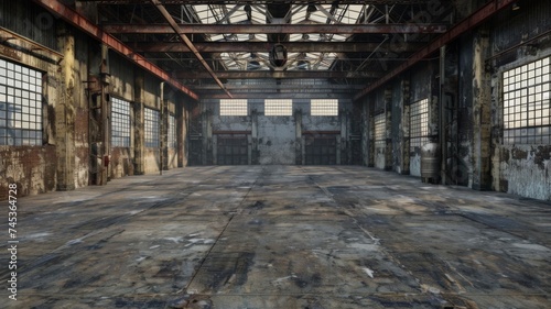 Empty industrial warehouse interior with rustic walls, large windows, and spacious concrete floor.